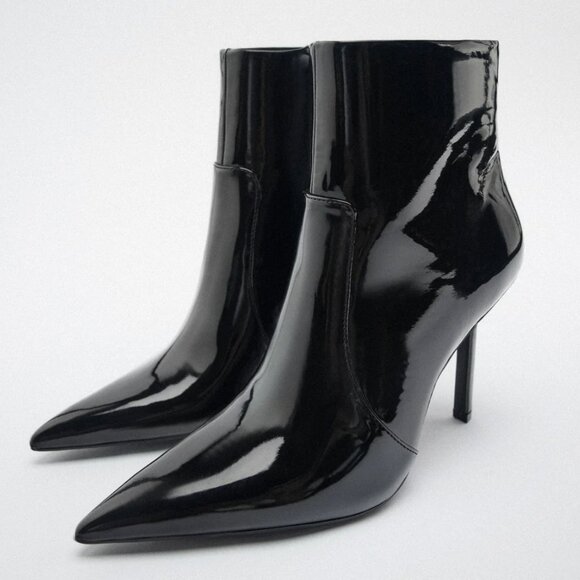 NWT Zara Heeled ankle boots Patent  Leather Shiny Bloggers Fav EU41 US10 - Picture 1 of 7